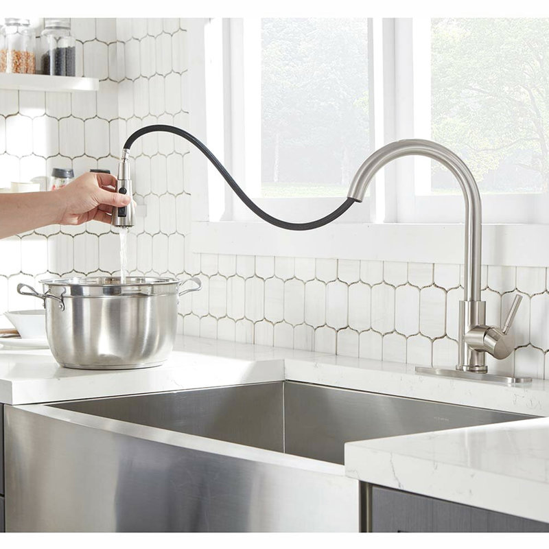 Brushed Nickel Stainless Steel Kitchen Faucet, To Expansion And Contraction, 8.66" Spout Reach, 1.8Gpm Pull Down Faucet For Kitchen, Nickel, Temperature Changes, Flow Rate