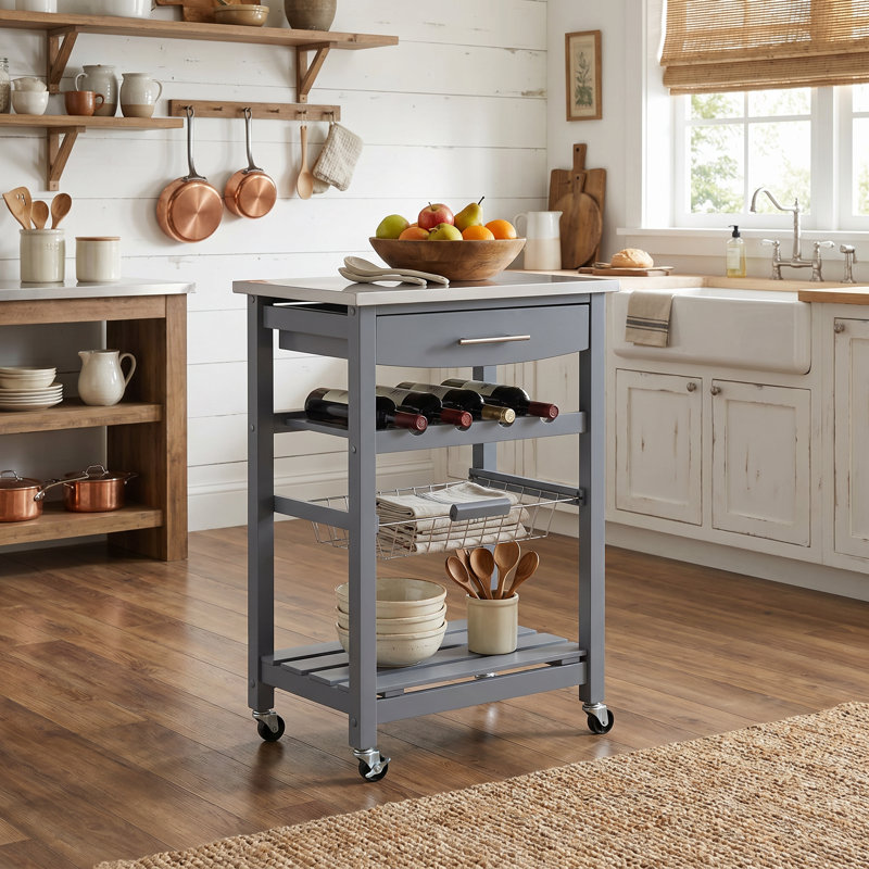 Chariot pour îlot de cuisine roulant avec tiroir et panier de rangement coulissant en fil métallique, chariot de service multifonction gris pour cuisine et salle à manger