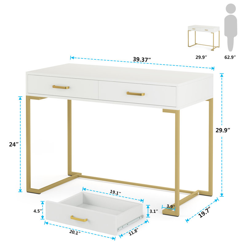 39.37" Writing Desk Modern Computer Desk, White/Gold