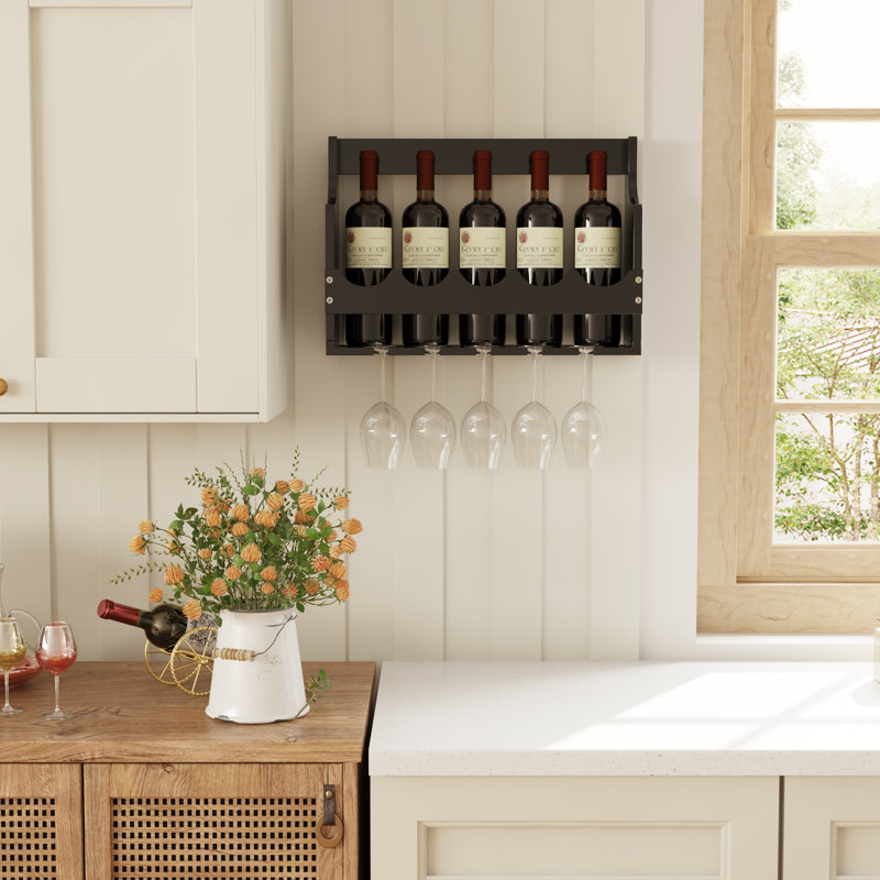 Support à vin mural en bois massif avec rangement intégré pour verres à pied, Noir