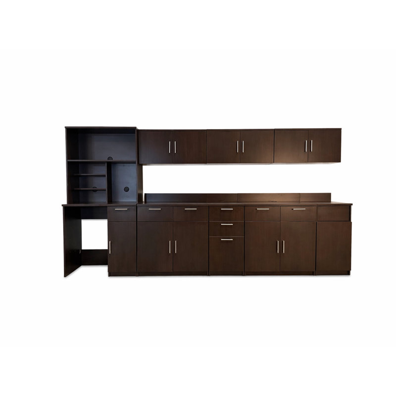 Armoire de salle à manger commerciale Breakroom avec espace réfrigérateur, huche à micro-ondes, bac de rangement et poubelle inclus, l 144 po x P 24 po x H 75 po, appareils non inclus