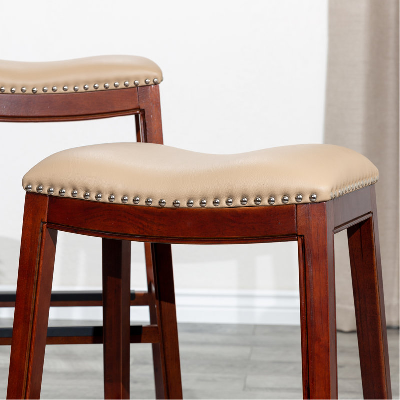 Tabouret de comptoir, siège en cuir, Cerisier, Beige