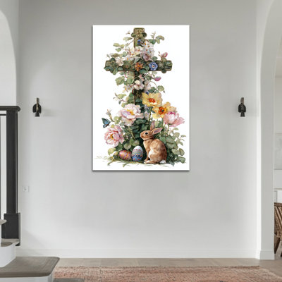  Pâques et printemps, art mural lapin - toile de lapin floral, décoration murale croisée avec fleurs pour le salon ou les espaces religieux