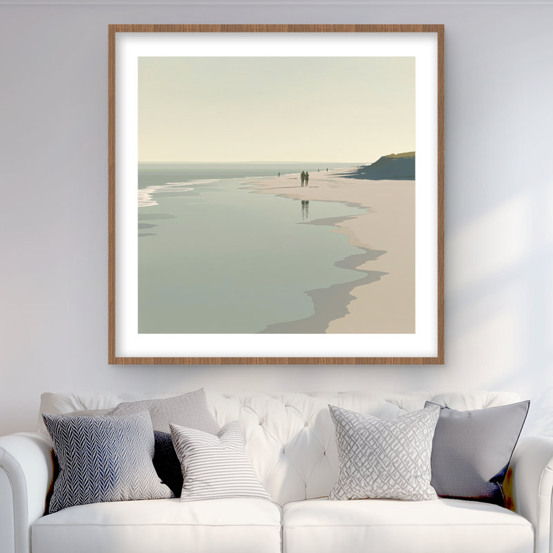 Couple sur la plage - reproduction encadrée côtière blanche pour la décoration, Brun