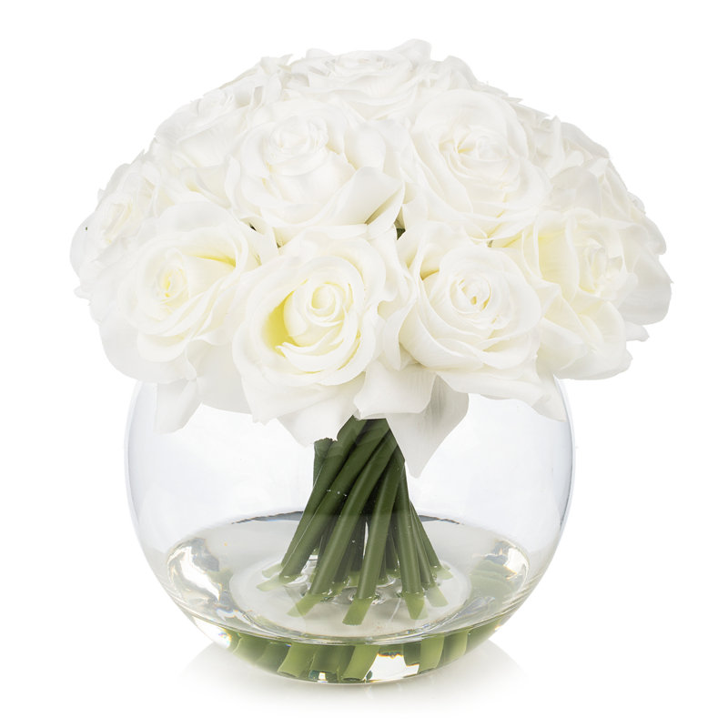 Silk Rose Arrangement in Vase, White