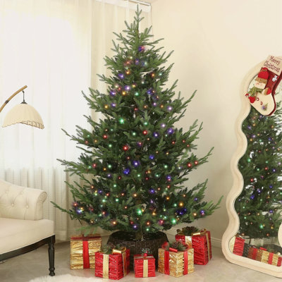 Arbre de Noël 7,5 pi, arbre de Noël artificiel pin nordique avec 300 lumières DEL bicolores et 1218 branches, arbre de Noël articulé à base large pour une fête des Fêtes