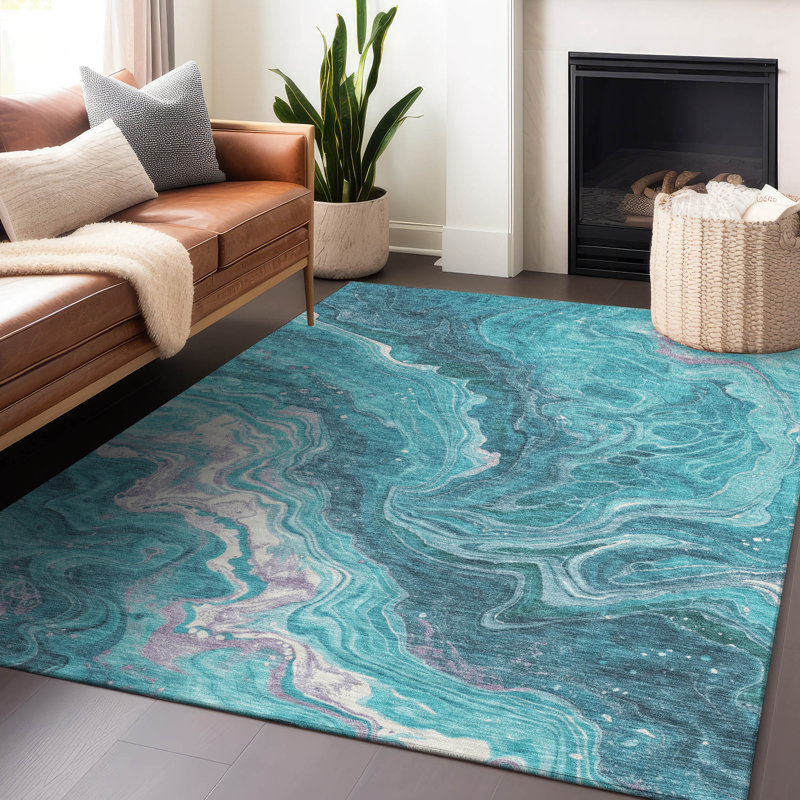 Tapis bleu sarcelle lavable à la machine intérieur / extérieur Cinead ACN1701, Rectangle 9 pi x 12 pi
