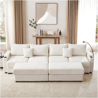 Canapé modulaire de style moderne 4 places 123,2 "avec espace de rangement, deux repose-pieds amovibles, deux ports USB, deux porte-gobelets, un porte-téléphone pour le salon, beige