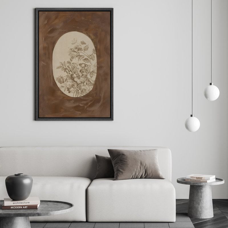 Impression sur toile sépia floral ovale - Décoration botanique antique pour salon ou couloir rustique, Noir