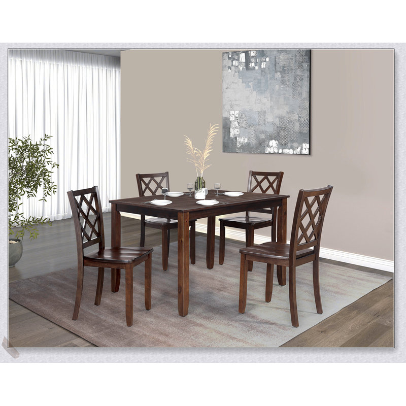 Ensemble de salle à manger 5 pièces de style transitionnel avec table rectangulaire et chaises à motif de losanges au fini cerisier foncé