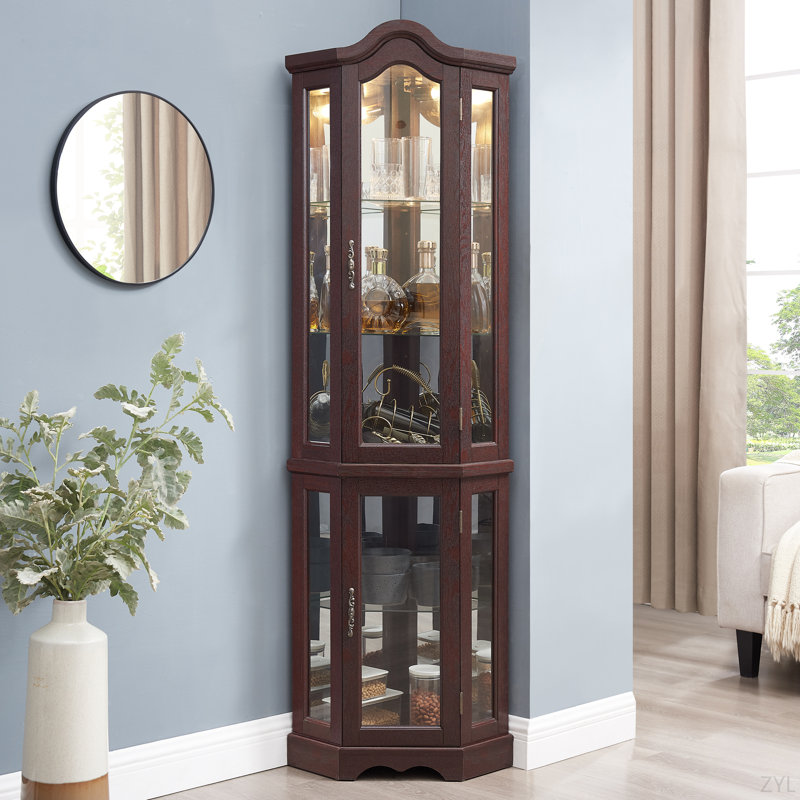Vitrine de coin lumineuse avec portes et tablettes en verre trempé - Élégant rangement en chêne pour le salon et la chambre à coucher - Cerisier foncé