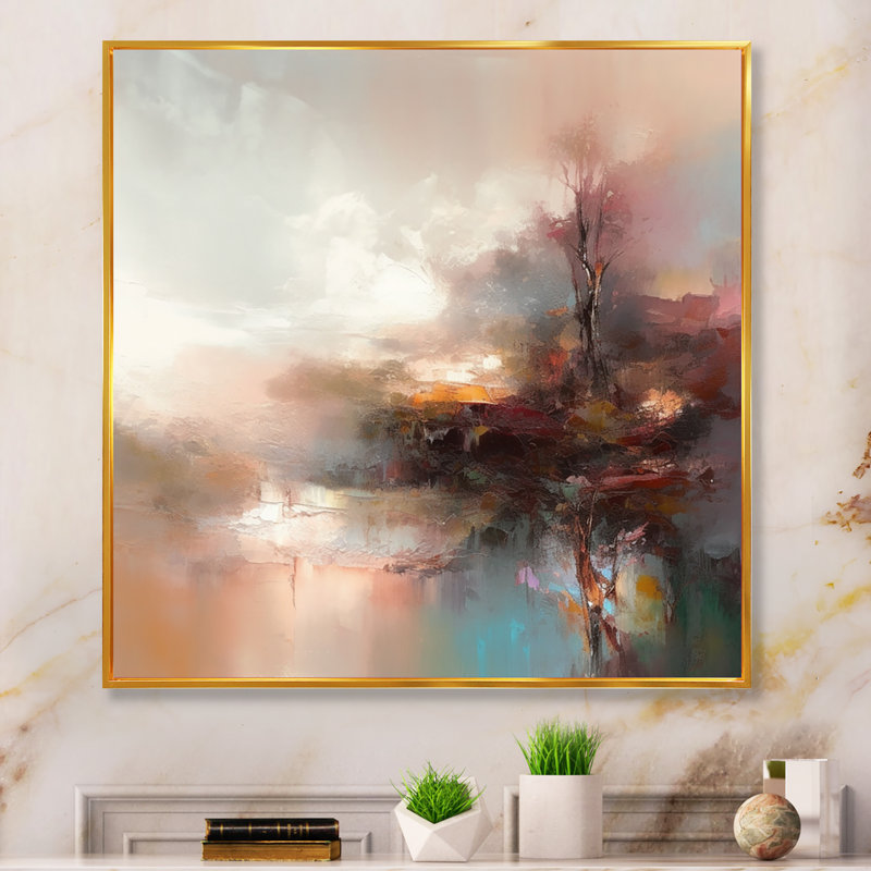 «Brown Abstracted Nature IV», art mural abstrait, H 36 po x l 36 po x P 1,5 po, Toile avec cadre flottant or