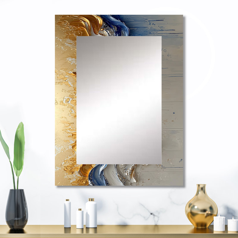 Rhythmic Golden Ink Waves Fusion I - Maze Decorative Wall Mirror, Gold Mirror, Printed Metal Art, 32" x 24"