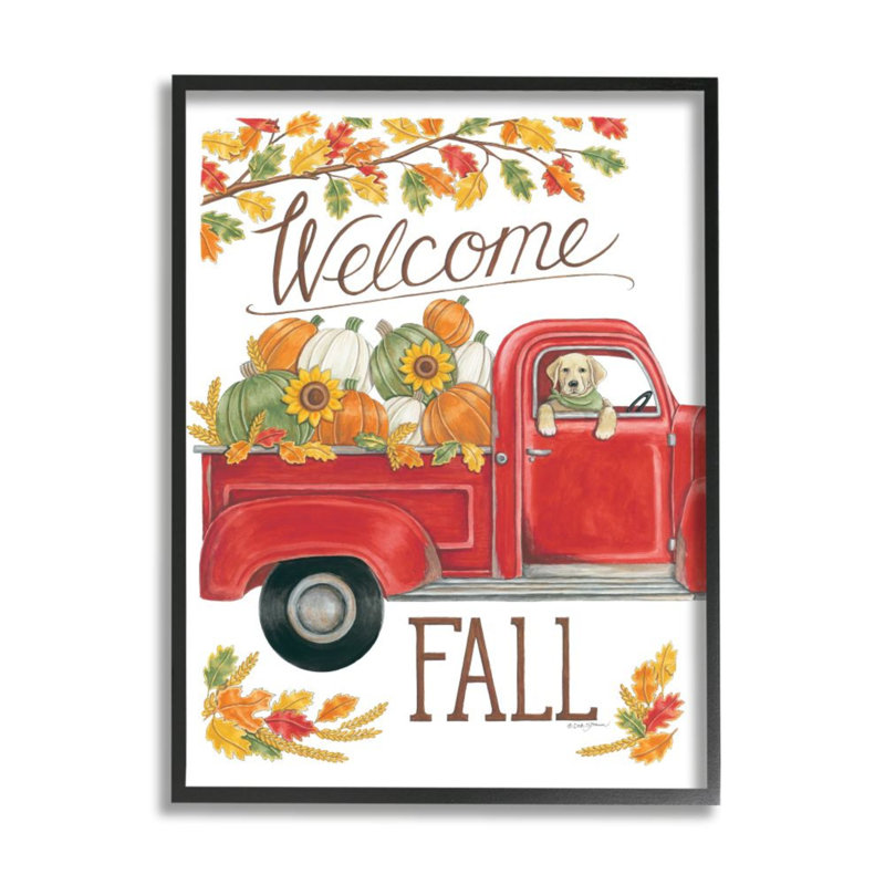 «Welcome Fall Expression Autumn Red Truck Dog» par Deb Strain - impression d'art graphique, Giclée encadrée noir minuit