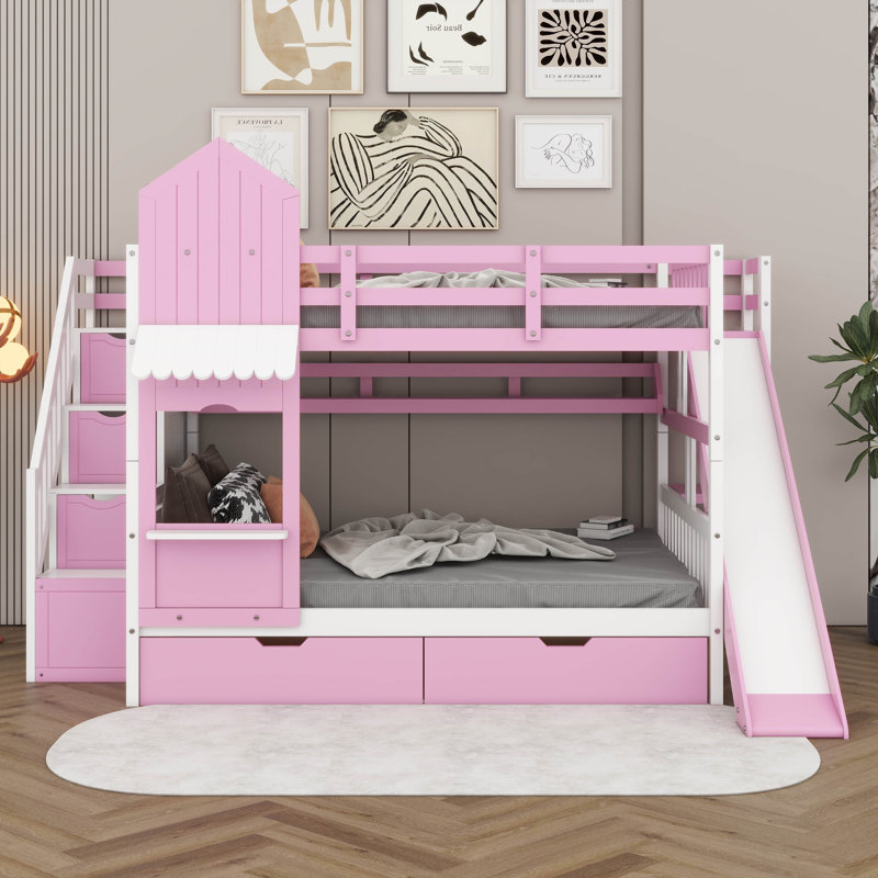 Lit superposé double au-dessus de double avec escalier et glissade, lit superposé en bois avec tiroirs et tablettes, lit superposé de style château