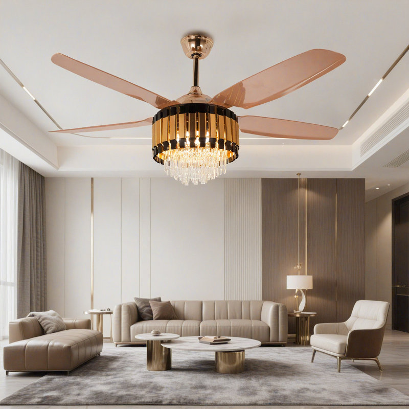 Ventilateur de plafond moderne en cristal doré de style européen et américain de 52 pouces | Télécommande à six vitesses de réglage + source de lumière DEL tricolore | Lampe de ventilateur avant et arrière silencieuse