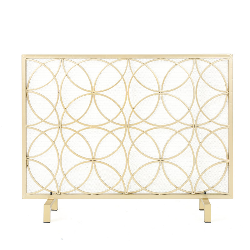 Iron Fireplace Protector, Overlapping Circle Pattern, Single, Gold Stylish Screen, Geometric Overlap, Single Panel, Golden Hue