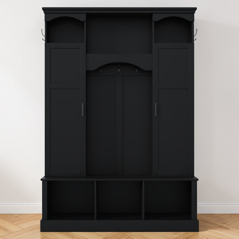 Hall Tree With Storage Bench, Entryway Coat Rack With Cabinets And Hooks, Arched Display Shelf Design, Contemporary Minimalist, Entryway