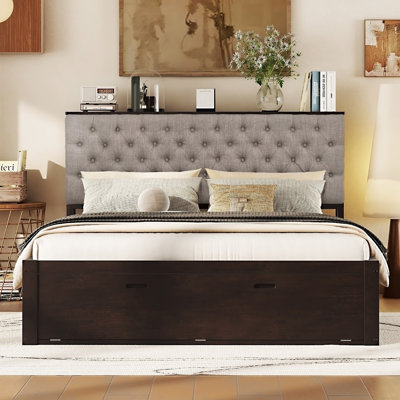 Grand lit plateforme en bois avec tête de lit, étagère à chaussures et 4 tiroirs