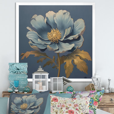 «Blooming Blue Anemone Golden Leaves», reproduction d'art rétro sur toile