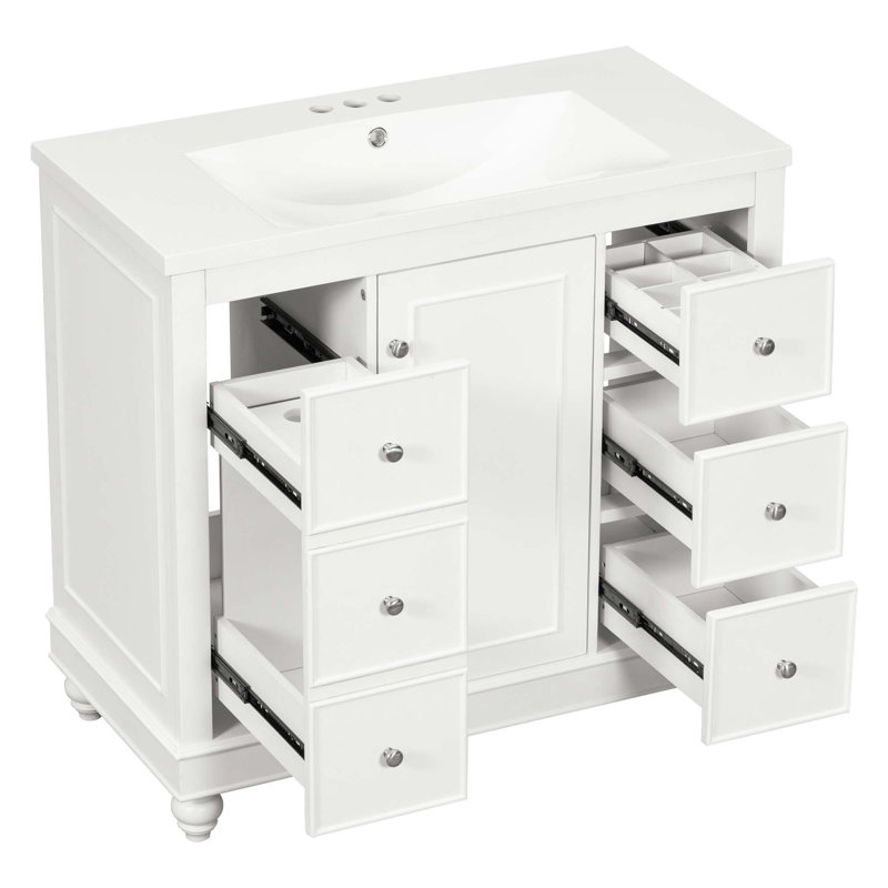 Armoire de salle de bain contemporaine avec lavabo en résine, 4 tiroirs et 1 porte Drostan, Blanc
