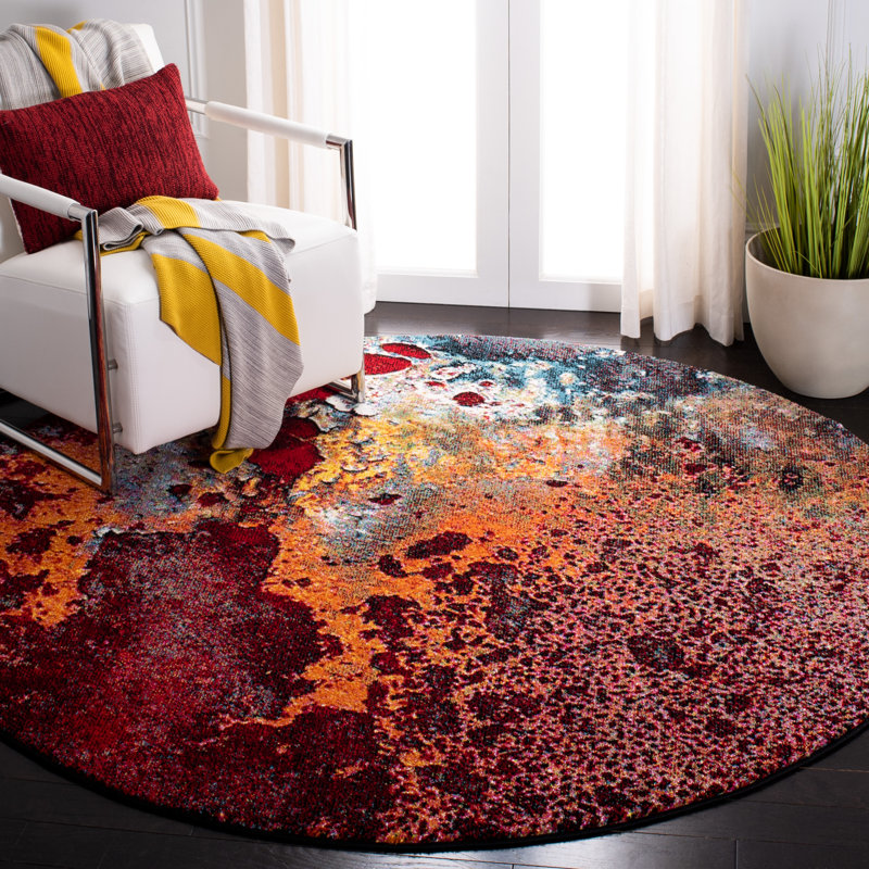 Tapis rouge / orange à motif abstrait Vincenzo, Rond 5 pi 3 po