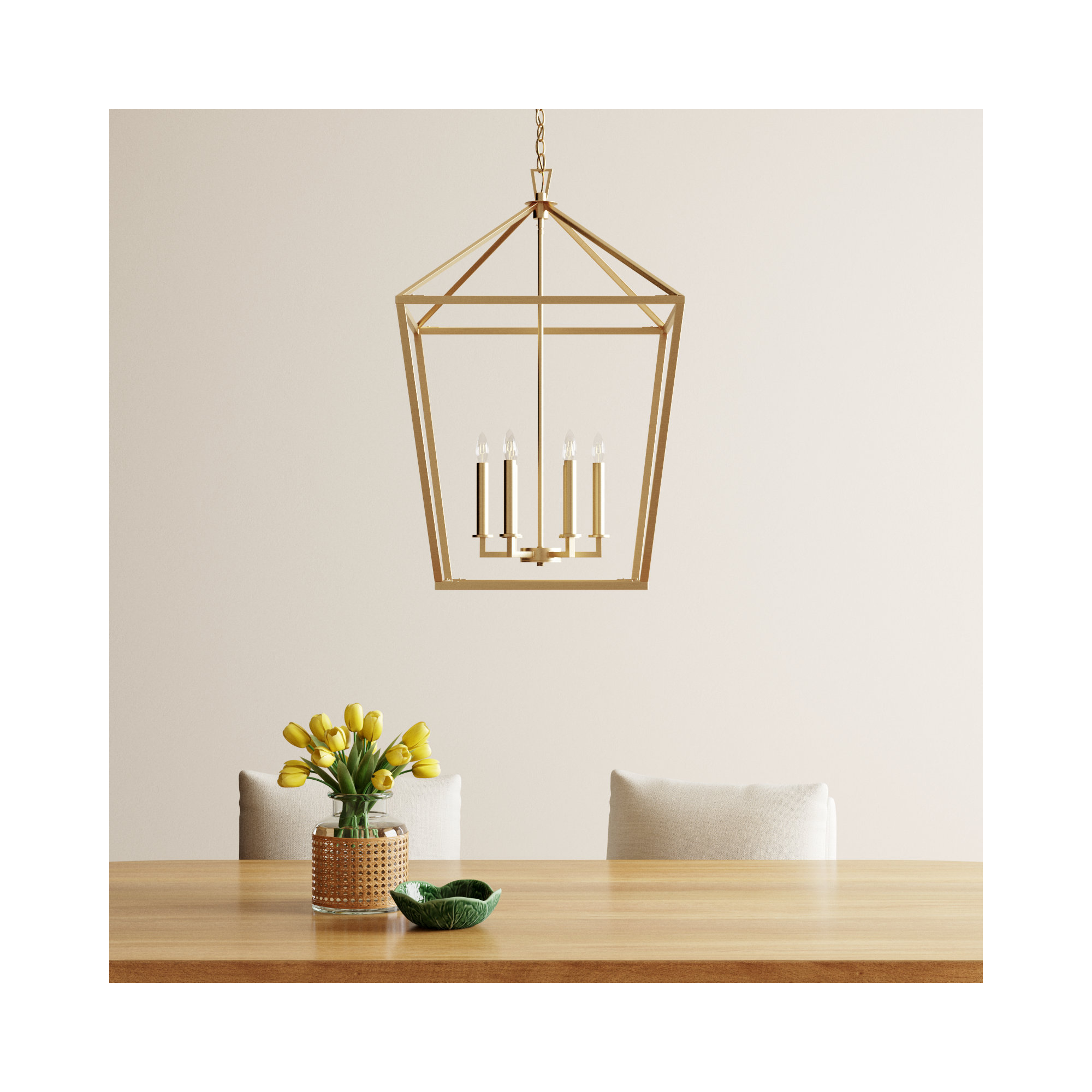 Hastings 6 - Light Lantern Geometric Chandelier, Warm Brass