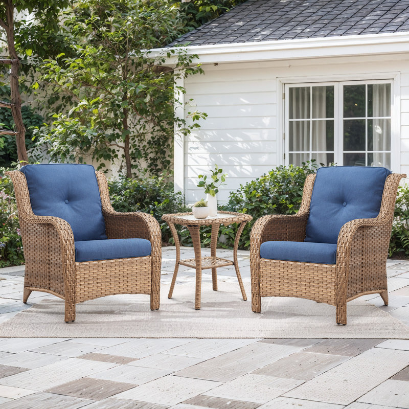 Carolina 2 - Person Outdoor Seating Group PE Wicker Chair With Cushions With Side Table, Blue