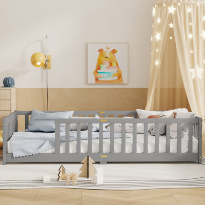 Kolia Twin Kids Rubberwood Floor Platforms Bed With Fence