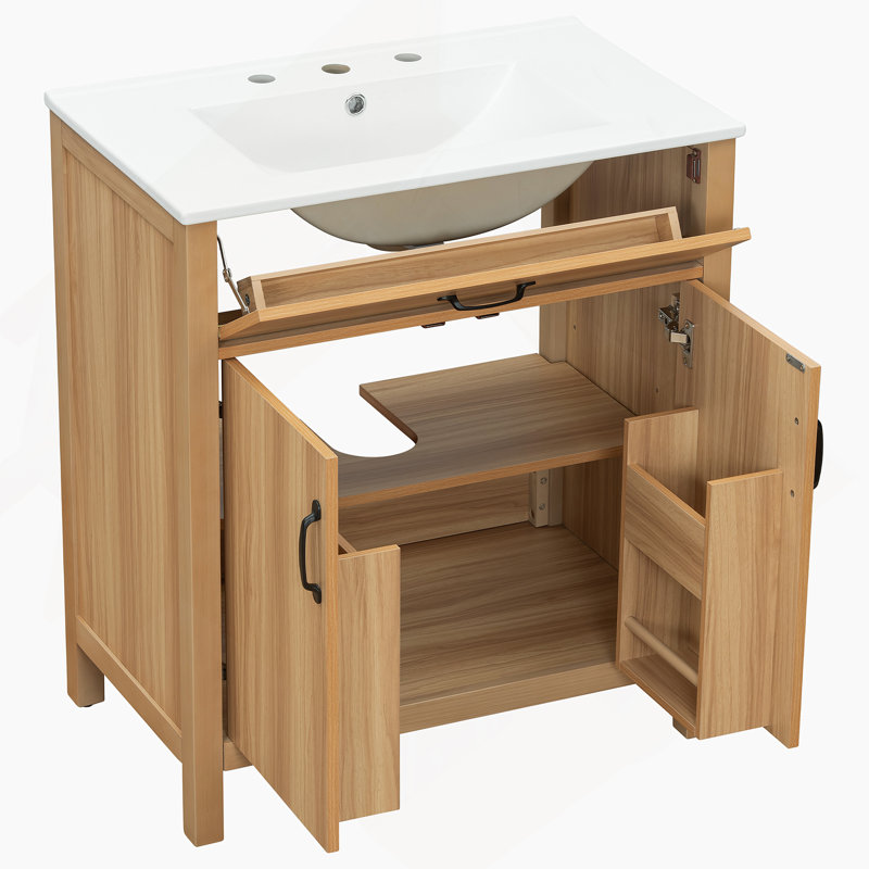 Meuble-lavabo en bois de haute qualité avec plusieurs options de rangement, des fonctions de fermeture en douceur et des composants réglables pour un espace de salle de bain fonctionnel