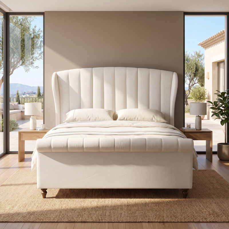 Lit capitonné arqué Modern, grand, velours crème, Grand lit, Crème