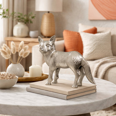 Wild Fox Aluminum Nickel Finished Animal Sculpture – 14" | Elegant Table Décor Accent Piece