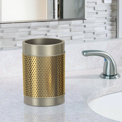 Oneita Stainless Steel Bathroom Tumbler Cup | Decorative Rinse Cup,Drinking Glass,Toothbrush & Makeup Brush Holder for Vanity Countertops,Sink & Desk | Pewter/Gold