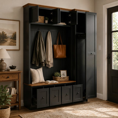 79'' High Hall Tree With Utility Storage Cabinet, Large Entryway Organizer With 4 Hooks, 6 Storage Cabinets And Bench For Vacuum Cleaner & Cleaning Tools