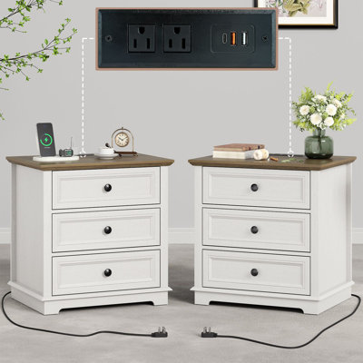 Beattie 3-Drawer Sets End Tables with Storage and Built-in Outlets,Side Table for Living Room,Bedroom,Office