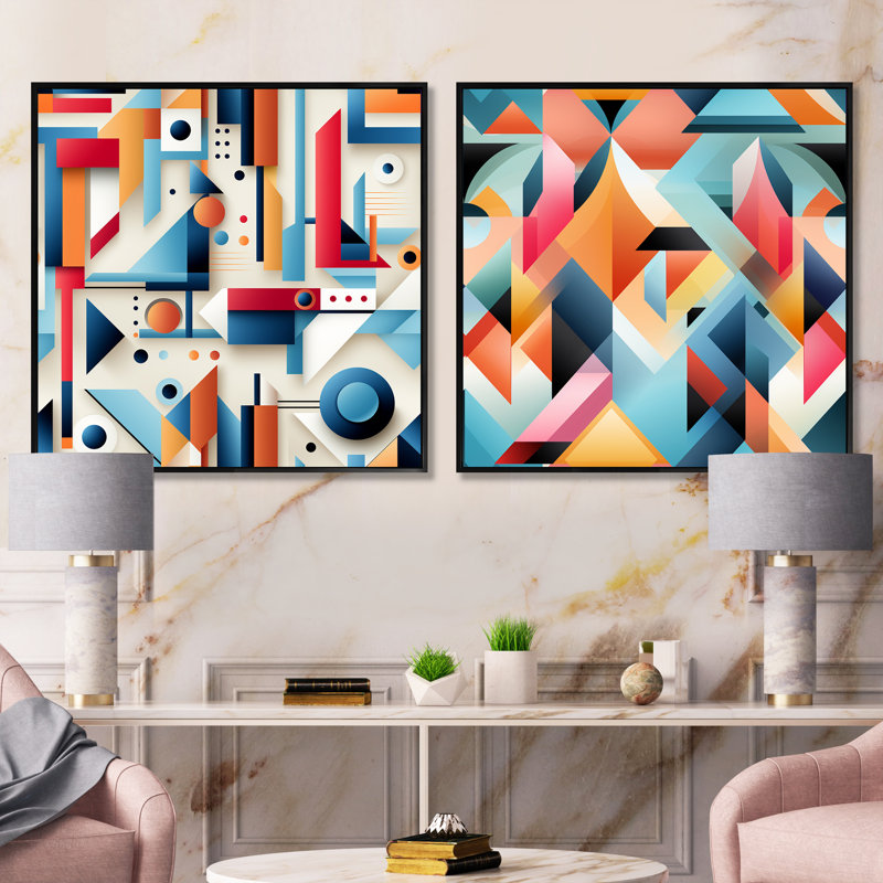 Multicolor Eclectic Geometric Diversity III - Abstract Shapes Square Collage Set Of 2, Black Floater Framed, 16" H x 33" W