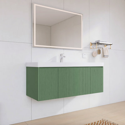 48" Floating Bathroom Vanity with Acrylic Top | Fluted Wood Cabinet, Soft-Close & U-Shaped Plumbing Drawer