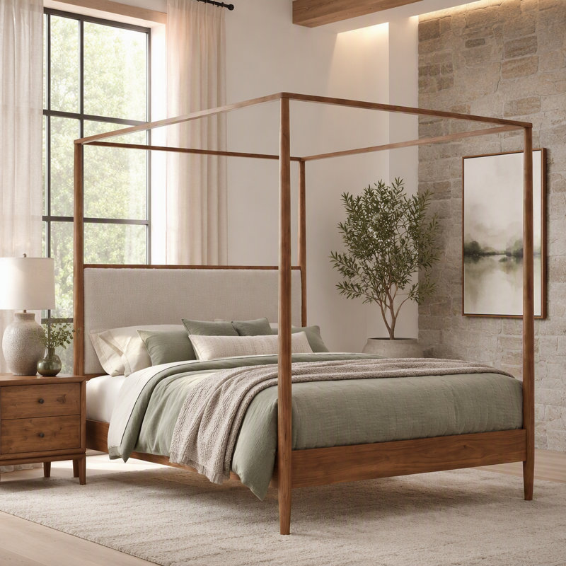 Lit à baldaquin en bois massif, style moderne du milieu du siècle, format queen, avec tête de lit capitonnée en bouclette et colonne.
