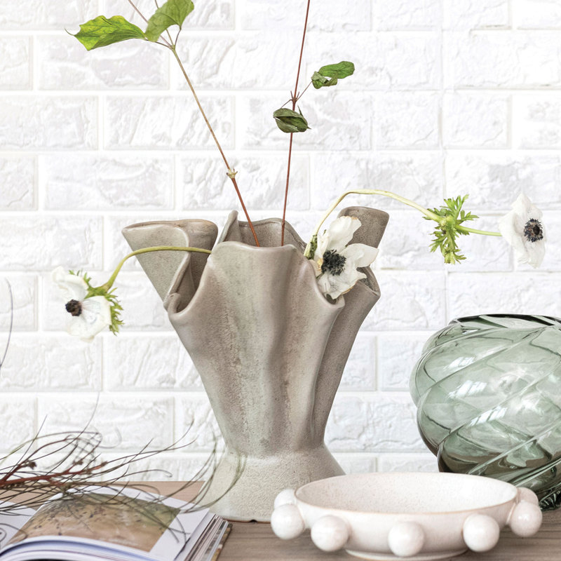 Stoneware Ruffled Vase with Reactive Glaze, Sage