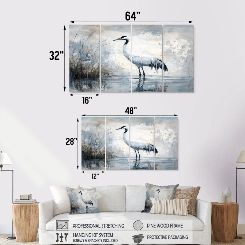 Grue dans un étang brumeux I - Art mural animal héron - ensemble de décoration murale moderne, H 28 po x l 48 po