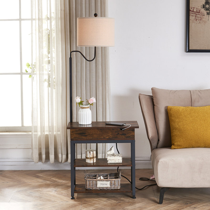 Ermadean 59" End Table Floor Lamp with Hidden USB & Type-C & AC Outlets, Brown