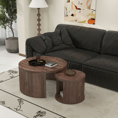 Ensemble de 2 tables basses rondes gigognes de couleur bois, grandes tables basses de 31,5 po et petites tables basses de 18 po avec plateau en bois, ensemble de table de salon, de chambre à coucher et de centre minimaliste