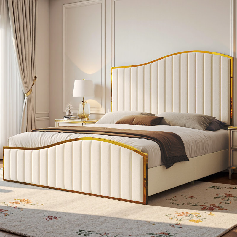 Callisburg Upholstered King Bed Frame with Harp Headboard & Footboard, Cream, King, Cream