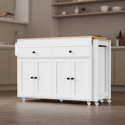 74.5" Kitchen Island with Extendable Dining Table - Rolling Storage Cart with 4 Cabinets, 2 Drawers & Spice Rack - Mobile Workstation for Kitchen & Dining Room