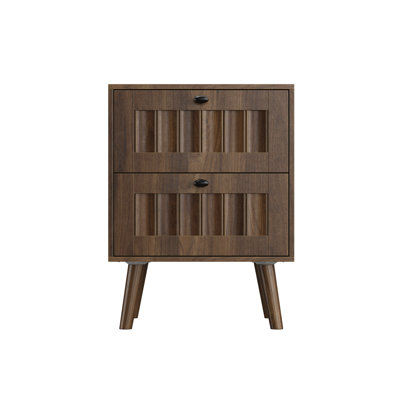 2-Pack Mid-Century Modern Nightstands with Solid Wood Legs, Walnut Finish Bedside Tables with 2 Drawers & Fluted Doors for Bedroom