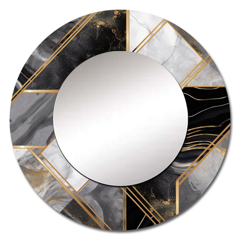 Marbre granit agate avec des touches d'or IV - miroir mural décoratif géométrique, grand miroir rond moderne, art imprimé en métal
