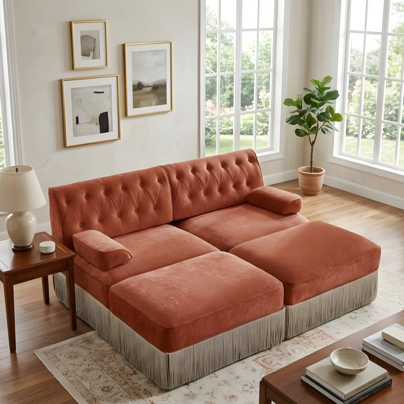 Canapé en U confortable, respirant et à franges, Rouge + velours brun, 34.2" H x 76.6" W x 60.3" D