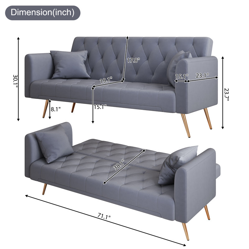 Convertible Futon Sofa Bed Sleeper Couch Velvet Upholstered Folding Loveseat With 2 Pillows For Living Room Apartments