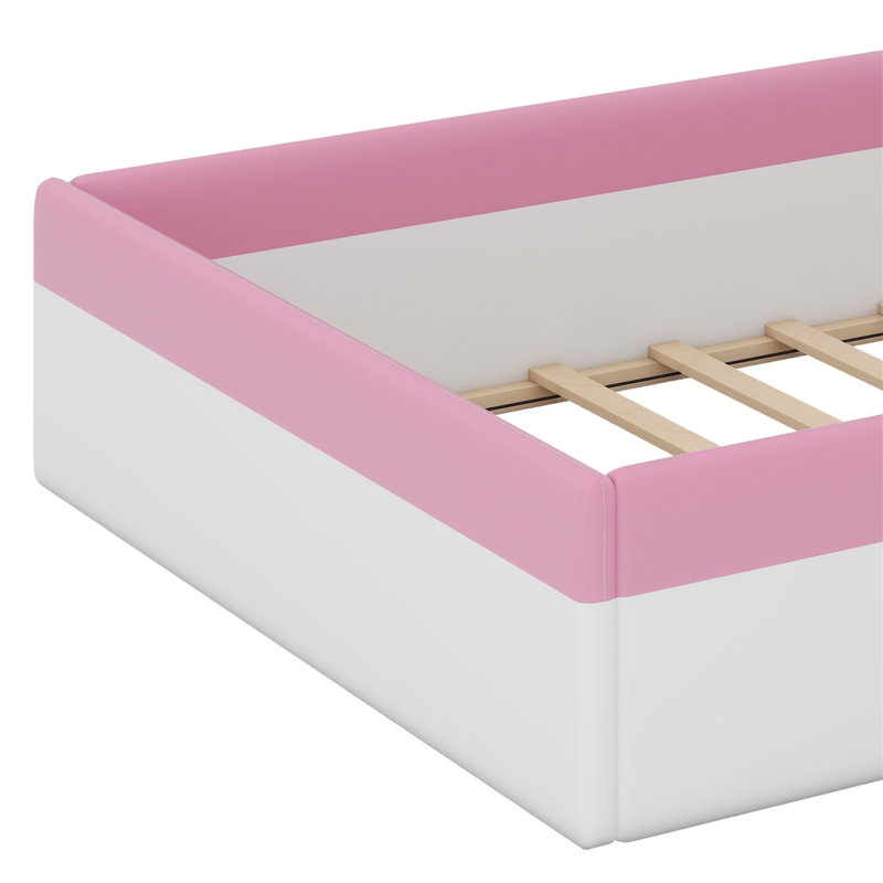 Upholstered Daybed Frame With Fence And Stairs, White/Pink