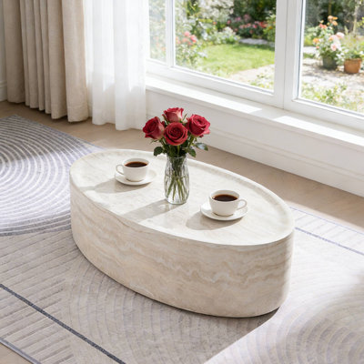 Modern Oval Coffee Table, Beige Light Stone Finish For Living Room Apartment Lounge Decor